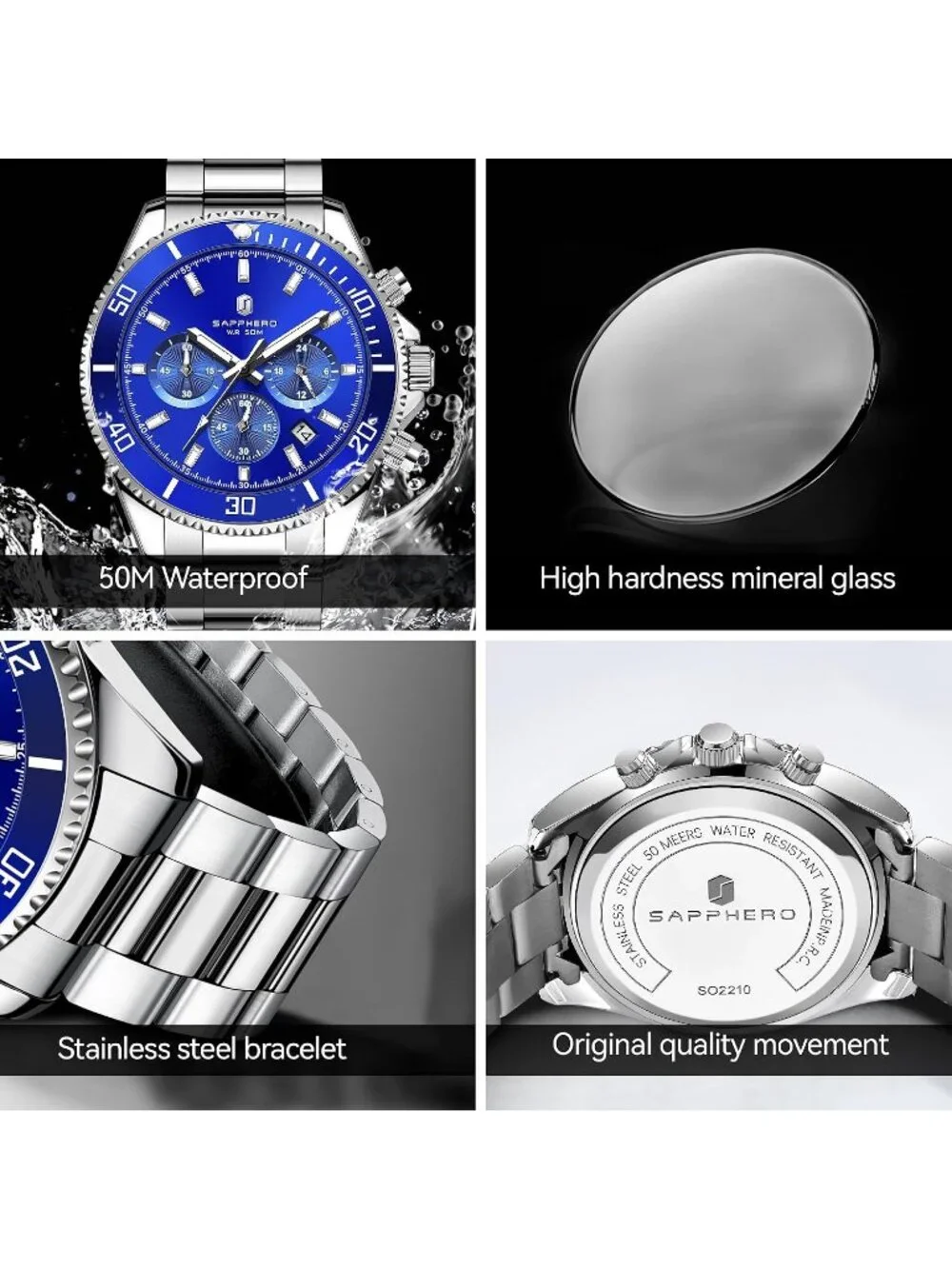 Men's Silver Strap/ Blue face Chronograph Stainless Steel Quartz Wrist Watch